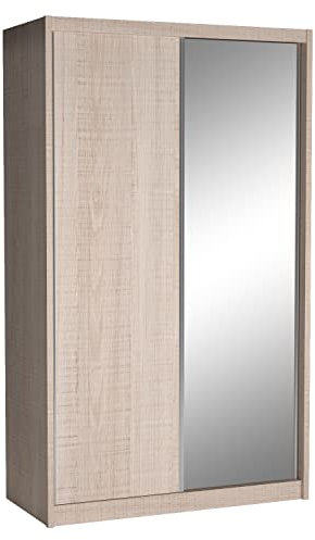 Cool24 Karol Kleiderschränke - Modern Schwebetürenschrank - Kleiderschrank mit Spiegel und Kleiderstange - Schlafzimmerschrank 140 cm mit 7 Regale - Kleiderschrank Beige - Schrank Schlafzimmer