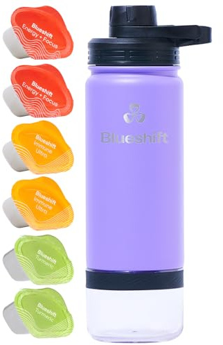 Blueshift Sidekick Stainless Steel Water Bottle, 18 Fl Oz Shaker Bottle With Blend Ball and Protein Storage Compartment, Includes 6 Superblend Supplements Inside Bottle (Acai)