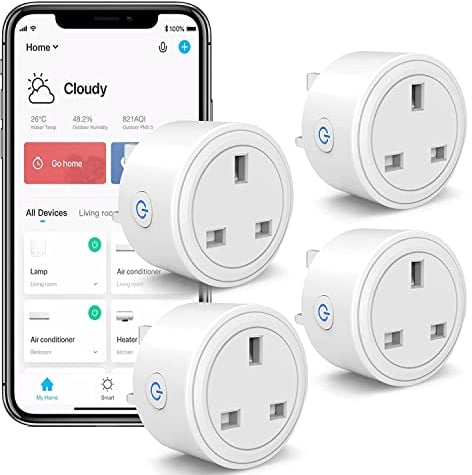 Smart Plug Alexa Timer Buchse, Wifi Stecker UK Home Gadgets Timer Kompatibel mit Alexa Amazon Echo, Google Assistant, Energieüberwachung, Fernbedienung von Home Monitor-Geräten, 4 Stück