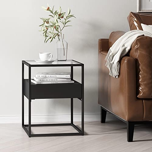 [en.casa] Mesa Auxiliar con Cajón Mesilla de Noche Versátil Cuadrada para Salón Dormitorio Cristal Templado y Acero 51 x 40 x 40 cm - Negro Mate