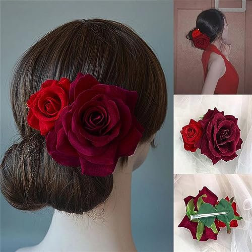Peignes à cheveux en forme de rose - Style bohème - Décoration de mariée - Pour fête, mariage - Bordeaux et rouge