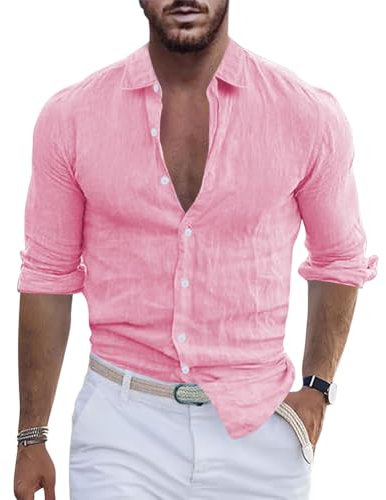 shownicer Chemise Lin Homme Manches Longues Cotten Lin Chemise Ete Casual Boutons Chemise Décontractée Couleur Unie Shirts Regular Fit A Rose XXL