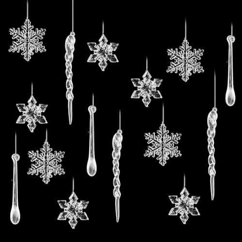 24 Stück Acryl Weihnachtsschmuck,Transparente Eiszapfen Schneeflocke Eistropfen Anhänger,Weihnachtsbaumschmuck,DIY Winterdeko (Acryl)