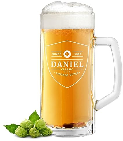 Bierkrug 0,5 L aus Glas mit Gravur - Bierseidel Geschenk-Idee zum Geburtstag - das Bierglas für Männer - Männergeschenk für Papa und Opa Motiv Vintage Style