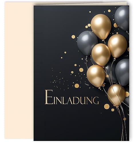 10x Einladungskarten Schwarz Gold Luftballons mit Umschlägen Klappkarten Einladung Männer Erwachsene Party Geburtstag Umschläge elegant Hochzeit Jubiläum 20 30 40 50 60 70 80 90 Luftballon