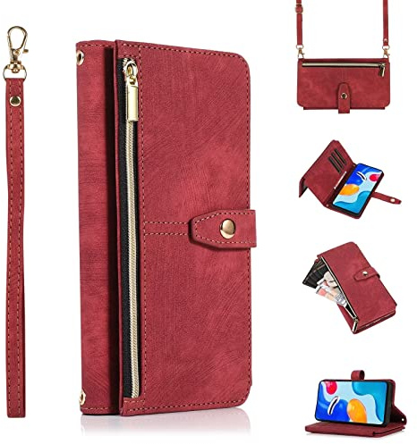 Jeelar ESONG Handyhülle für Xiaomi 13T/13T Pro Tasche,hulle mit Kartenfach,Schultergurt,Handgelenkschlaufe,Stoßfest Handytasche Magnetic Klapphülle Case,Flip PU Leder Brieftasche Schutzhülle,Rot