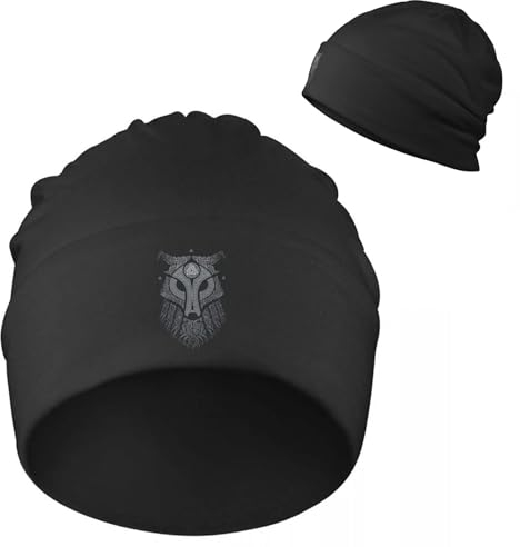 mozigena Wikinger-Mütze mit Keltischem Wolf Fenrir, 3D-Druck, Nordischer Mythos, Motorhaube, Skullies-Kappen, Warme, Dünne Strickmütze für Den Winter im Freien,One Size,Black