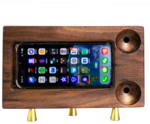 IRIVER BLANK Premium Black Walnut Wooden Universal Office Desktop Phone Support Stand Holder with Sound Amplifier - Artistic Craftsmanship, Enhancing Sound Quality, and Convenient Charging Port
