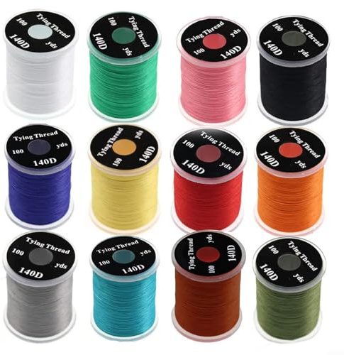 Feegow Kit de 12 fils de fixation de mouches 140D, noir, violet, marron, olive, rouge, bleu