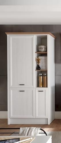 möbelando Jasmin Moderner Einbauschrank für Kühlschrank in Pinie hell, Artisan Eiche Optik - Geräumiger Hochschrank Küchenschrank mit viel Stauraum - 104 x 216,5 x 61 cm (B/H/T)