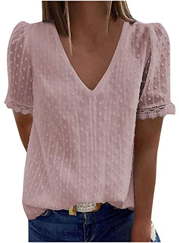 Camisetas Manga Corta Mujer Encaje Elegant,Camiseta Blanca Mujer Camisetas Mujer Verano 2024 Elegantes de Cuello en Pico T-Shirt Moda Color Sólido Blusa Casual Ligera Multicolor Tops