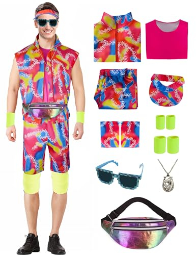 IUTOYYE Herren 80er Jahre Trainingsanzug Strand Hawaiian Beach Party Kostüm Retro Style Disco Outfit Halloween Karneval Cosplay kleidung (Rosa, 3XL)