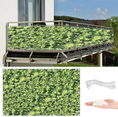 AYLFBFU Brise Vue pour Balcon - 1.2 x 8m, Vent, UV, Résistant aux Intempéries, Toile Brise Vue Jardin avec Oeillets et Cordons pour Terrasse, Jardin, Piscine, Feuilles Vertes