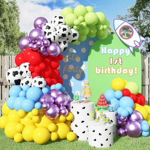 126pcs Toy Inspired Story Balloon Arch Garland Kit, Cow Print Yellow Red Blue Green Purple Rainbow Latex Balloons for Kids Toy Inspired Story Theme Baby Shower Birthday Party Decorations Supplies