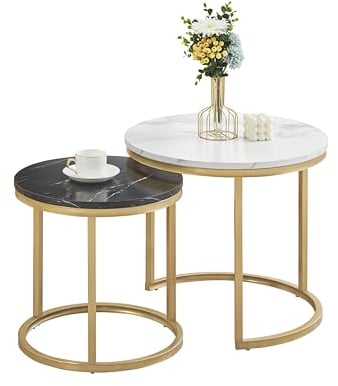 Ginhow Couchtisch Marmor Optik | Satztische fürs Wohnzimmer | ø 60 +ø 40 Groß Tisch Rund | MDF Coffee Table | Weiß + Schwarz Marmoroptik und Gold Stahl Gestell