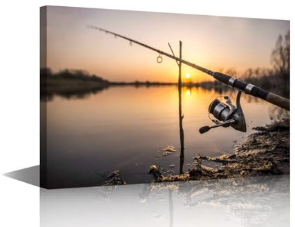 Schwarz-weiße Bilder, Wandkunst, Karpfenangeln, Angelrute am See, Sonnenuntergang, Heimdekoration, Wandkunst für Wohnzimmer, Gemälde, 1 Stück, Leinwand-Kunstwerk, Giclée-gerahmt, Galerieverpackt,