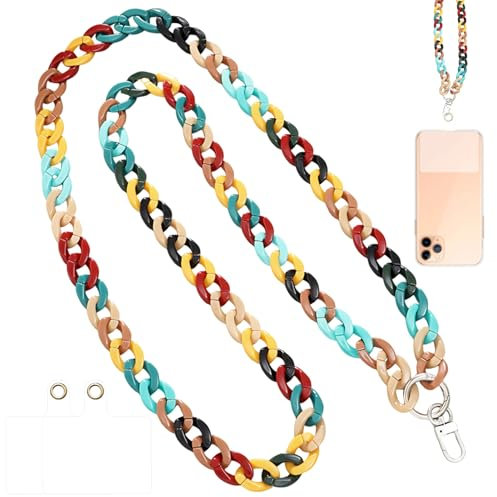 Cadena para Movil Universal con 2 Parche, 120 cm Cadena Movil de Acrílico Colorido, Cuerda para Movil, Colgante para Movil, Compatible con la Mayoría de los Teléfonos Inteligentes para Estuches