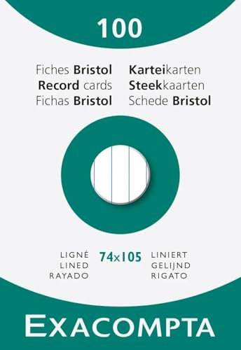 Exacompta - Art.-Nr. 13800B - Karton mit 10 Packungen à 100 Karteikarten, liniert, ungelocht, Format 74 x 105 mm, Farbe: Weiß