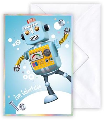 KE - 3D Pop-UP Karte zum Geburtstag für Kinder, DIN B6 Geburtstagskarte inkl. weißer Umschlag, Motiv: Robotor mit Luftballons