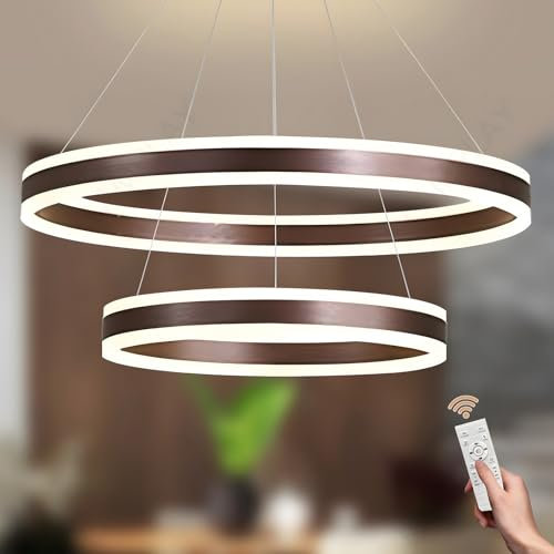 LAMPLAY Runde Moderne LED-Pendelleuchte, 2 Braun Ring-Kronleuchter, Dimmbar Mit Fernbedienung 3000K-6000K Deckenleuchte, Höhenverstellbar, Foyer, Wohnzimmer, Schlafzimmer, Esszimmer(Ø80+100cm)