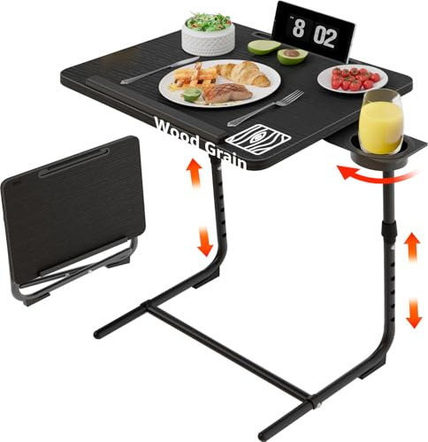 Adjustable TV Tray Black Dinner - Folding Trays for Eating On Couch Wooden Tables Mate Stand Foldable Desk with Cup Holder Portable