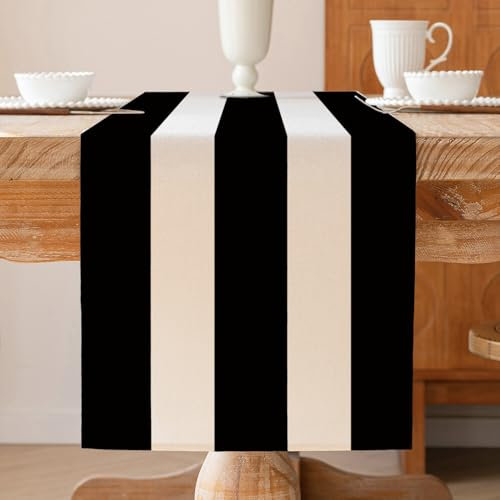 ViaElayu Tischläufer Modern Gestreift Schwarz Weiß Abwaschbar Winter Landhausstil Frühling Küche Tisch Läufer Wohnzimmertisch Dekoration Outdoor Party Dekor 33 x 183 cm