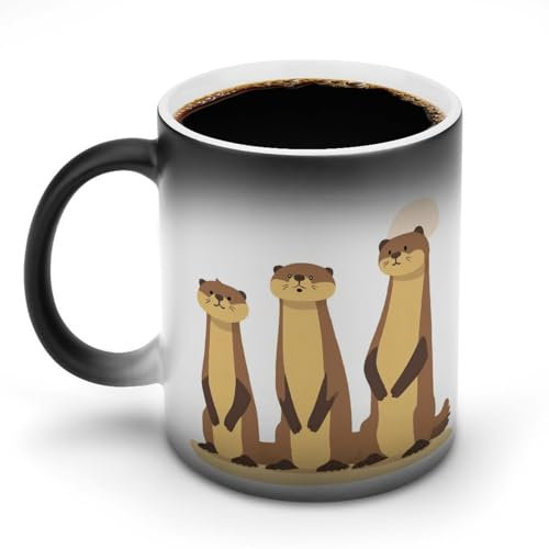 KWQDOZF Tazas de cerámica con diseño de tres nutrias que cambian de color y que cambian de color, con diseño de animales salvajes, divertida taza de té y agua para el hogar y la oficina, 11 oz