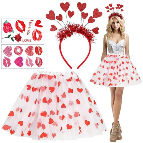 PWCTNT Amor Kostüm, Faschingskostüme Damen, Valentinstag Deko, 4 Stück Faschingskostüme Inklusive Herz Haarreif Herz Tutu Aufkleber, Karneval Kostüm Damen Für Amor Karneval Valentinstag Party