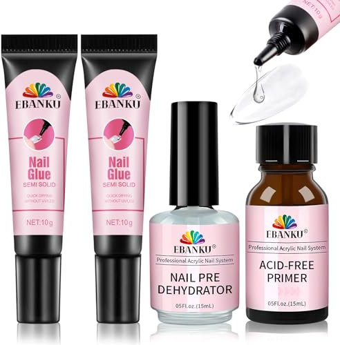 EBANKU 3PCS Solid Nail Glue Gel with Nail Dehydrator and Primer, Fast Dry Solid Semi Nail Glue No Uv Light Needed, Nail Prep Dehydrator & No Lift Nail Primer Nail Supplies for Long Lasting Nail Techs