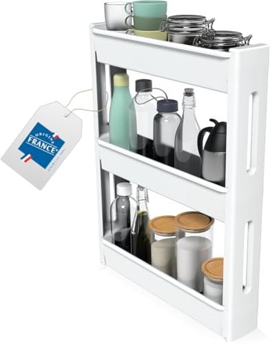 Stimo Nischenregal 3 Etagen 55x12x70,5cm schmales Regal für Küche und Bad platzsparend Nischenwagen (Weiß)