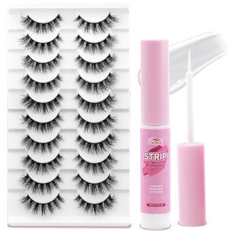 Faux Cils 3D Volume Russe 10 Paires Cils Faux Cils Naturel Fluffy Imitation Mink Bande Noir False Lashes et Strip Lashes Adhesive FADVAN(XH42)