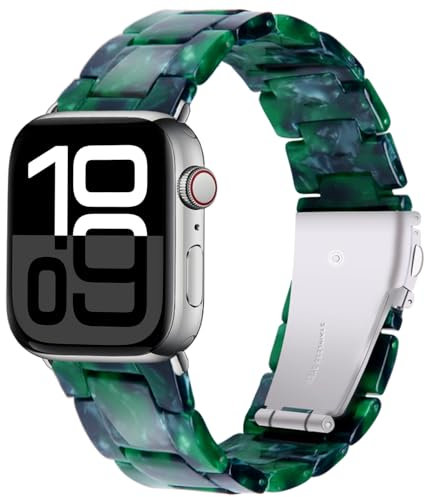 Miimall Bracelet Compatible avec Apple Watch 38/40/41/42mm(Series 10), Strap Résine pour Apple iWatch 10 9 8 7 6 5 4 3 2 1 SE Métal Boucle Acier Inoxydable Femme Vert Mat Précieux, Boucle en Argent