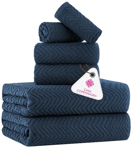 Casa Copenhagen Wave Textured 6-teiliges Handtuch Set - Marineblau, 550 g/m², 2 Bade, 2 Hand, 2 Waschlappen Handtüchern Baumwolle Rau und zäh Einsatz Geschenkset für Badezimmer