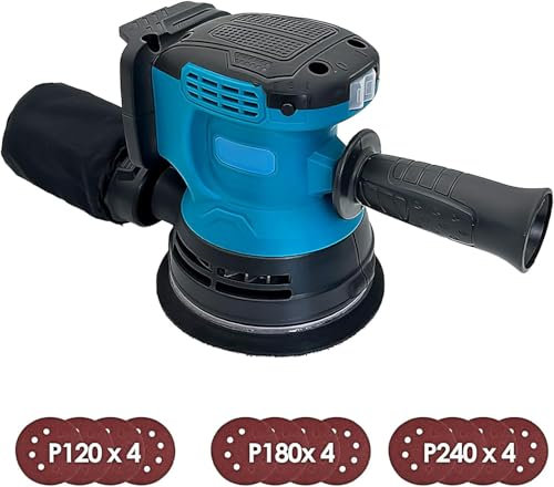 Bürstenlosen Akku Exzenterschleifer,Ersatz für Makita 18V BL1850,Neue Upgrades Auto Poliermaschine mit 12 pcs Schleifpapier, 125 mm,Zum Schleifen und Polieren Von Metall/Holz (Ohne Akku)