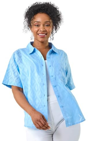 Roman Originals Short Sleeve Shirt for Women Ladies Cotton Blouse Button Tunic Printed Top Work Smart Casual Going Out Work Office V Neck Everyday Evening Event - Petite Blue - Size 14