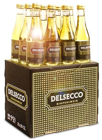 DELINAT – Weinpaket DELSECCO Piccolo 2023 – Kleine Flaschen deutscher weißer Perlwein – Bio Wein aus Rheinhessen, vegan (12 x 0,2l)