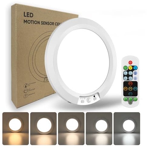 7.5 Ultra-Thin Motion Sensor Rechargeable Ceiling Light with Remote, 8000mAh Battery Operated, 5-Color Temp/Dimmable/Timing, 120°Detection & Magnetic Mount for Stair/Closet/Hallway (White, 1pack)