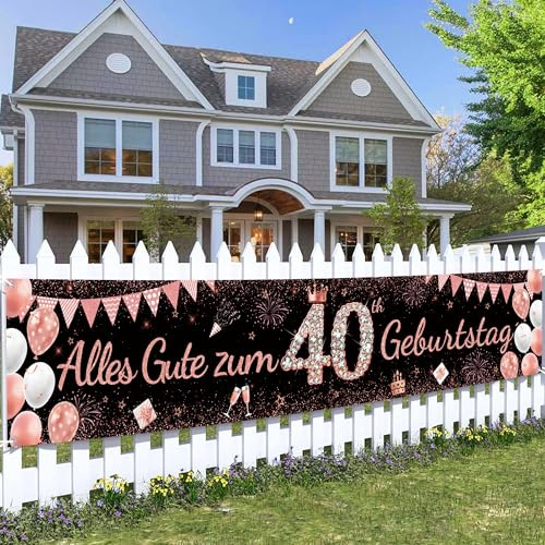 Deko 40. Geburtstag Banner Frauen - Roségold Schwarz Alles Gute zum 40 Geburtstagsdeko Hintergrund, XXL Stoffbanner Party Dekoration zum 40. Jubiläum, 40 × 210 cm