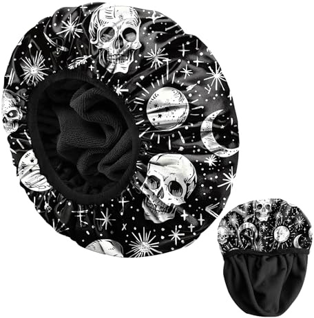 BHAHB Luxury Shower Cap Reusable Terry Cloth Lined EVA Triple Waterproof Layer Elastic Hair Bath Caps for Women Girls Cute (U5-Skull)