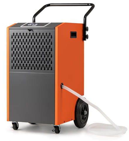 RELAX4LIFE Deumidificatore Professionale 73L/24h, Deumidificatore Elettrico con Ruote, Timer 24H, Tubo di Scarico, Zona 695 m³, per Cantina, Magazzino, Fabbrica (Arancione | 73L/Giorno)