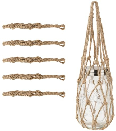 5-Pack Handwoven Rope Mason Jar Hangers for Wide-Mouth Jars | Lightweight Rustic Mesh Mounts Quickly with Hooks or Nails and Turns Empty Containers into Space-Saving Decor