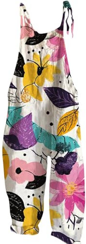 Tuta da donna in lino casual sciolta senza maniche con spalline sottili pagliaccetto ampio gamba larga tuta con tasche salopette bohémien leggere abiti estivi da donna, Colorato, S