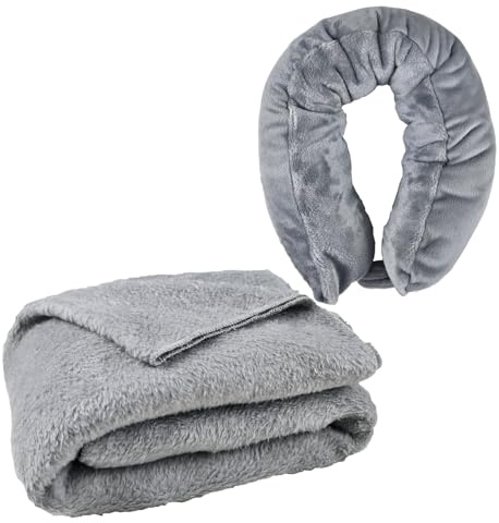 lomitech 2-in-1 Reise-Decke & Nackenkissen – Faltbare Kuscheldecke mit Reißverschluss, Weich & Warm, Tragbar für Flugzeug, Auto & Zuhause (Grau)