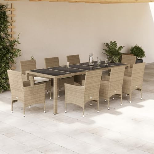 Qnhdfrt Ensemble de salle à manger de jardin, 8 personnes, avec coussins, beige, rotin PE et table en verre pour terrasse, jardin, balcon
