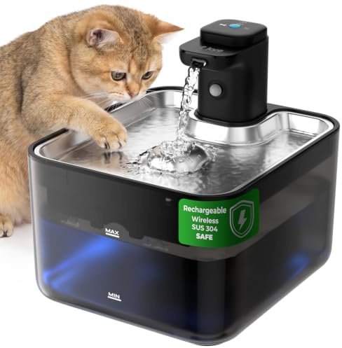 KYG Fontanella per Gatti Senza Fili, 3L Fontanella Gatto Automatica con Sensore di Movimento, Vassoio Acciaio Inox 304, Fontana per Gatti Silenziosa, 4000mAh(Modulo Alimentazione Removibile), Nero