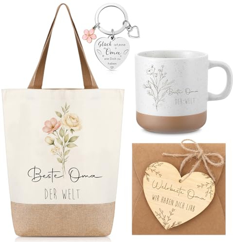Geiserailie 6 Stück Oma Geschenk Geburtstag Einkaufstasche Becher | Leinentasche, Schlüsselanhänger, herzförmiges Holzstück, Beste Oma der Welt, Geschenk für Großmutter, zum Großelterntag