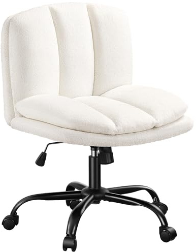 Hzuaneri Schminktisch Stuhl, Drehstuhl mit Wippfunktion und Breitem Sitzkissen, Schneidersitz Stuhl aus Belüftetem Sherpa Stoff, Geeignet für Schlafzimmer, Büro und Wohnzimmer, Beige-Weiß, OC00599W