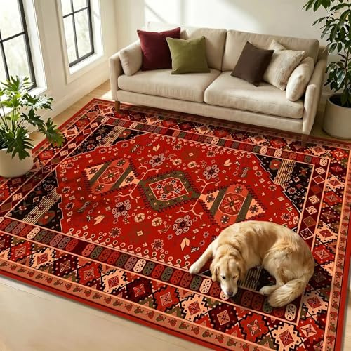WUTONG Wohnzimmerteppich 60x90 cm Rot,Vintage Teppich Kurzflor Waschbar,Orientteppich Boho Design,rutschfeste Matte für Schlafzimmer Küche Flur Deko Weich
