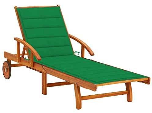 YNGBHFNOP Chaise Longue de Jardin avec Coussin Vert, Transat en Bois d'Acacia Massif Réglable avec Roues et Tablette, pour Terrasse Jardin, Confortable et Stable, Supporte 110 kg