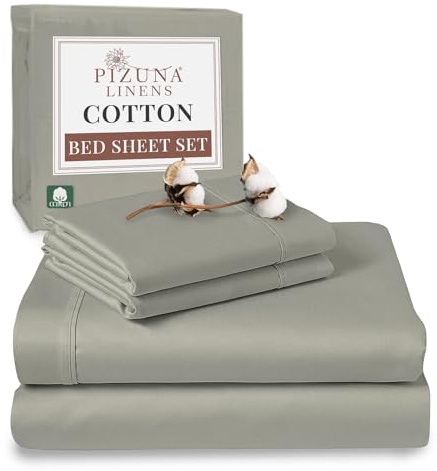 Pizuna 100% Cotton Super King Size Silver Bedding Sets, 400 thread Count Long Staple Cotton Sateen Bed Sheets Super King Includes 1 Fitted Sheet, 1 Flat Sheet & 2 Pillowcases (Super King Sheet Set)
